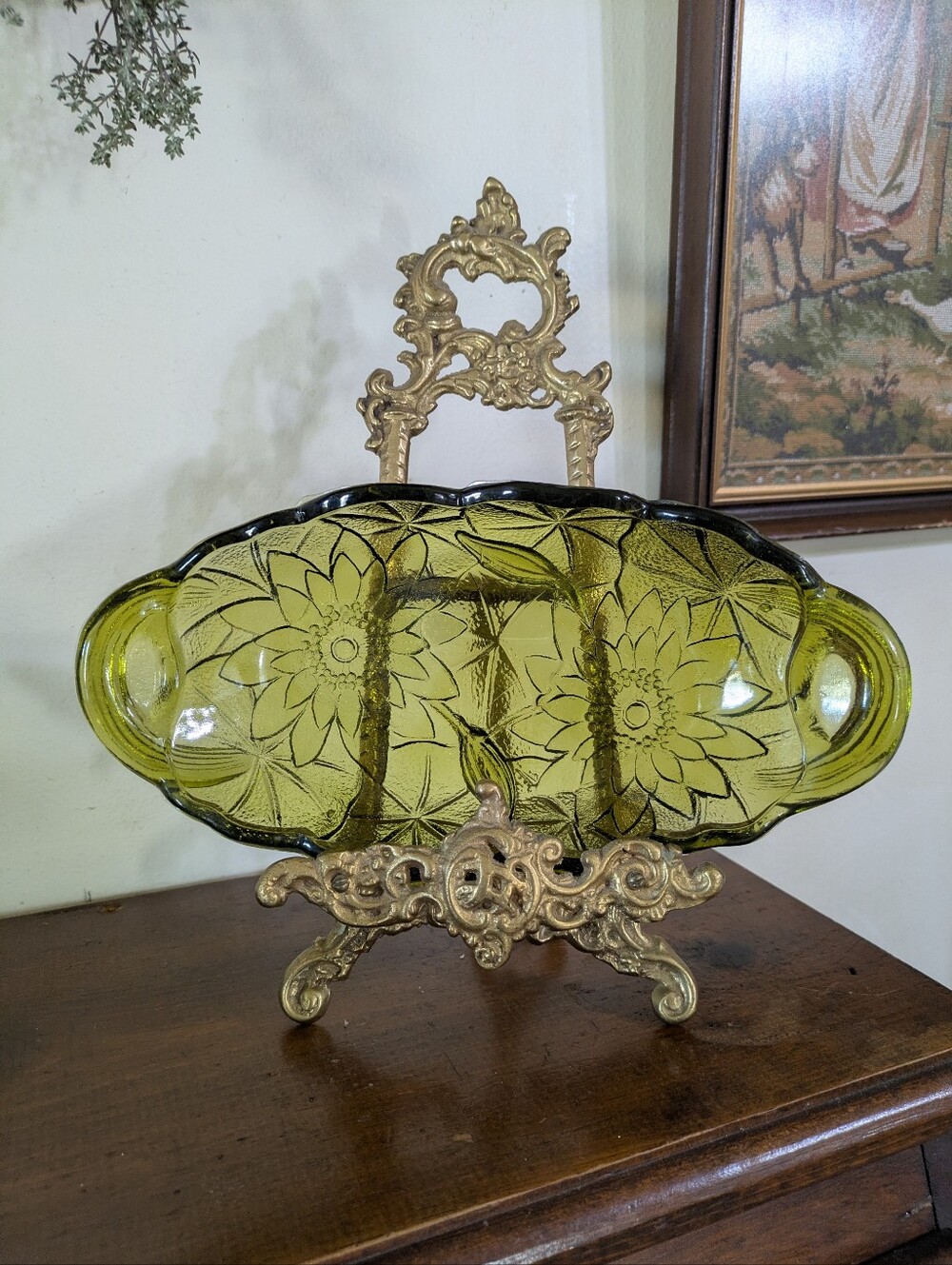 Vintage Indiana Glass Avocado Green Lily Pons Handled Relish Dish Cottagecore